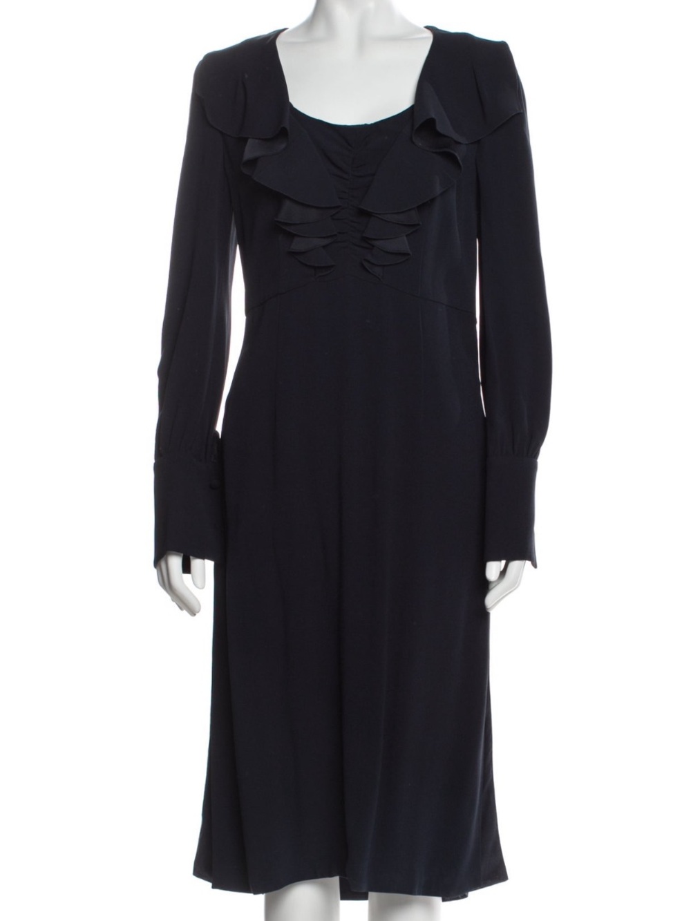 Prada Black Long-Sleeve Ruffle-Front Midi Dress